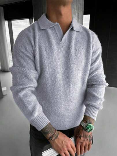 男士休闲宽松通勤简约纯色百搭Polo领V领修身轻薄长袖套头毛衣，秋冬款