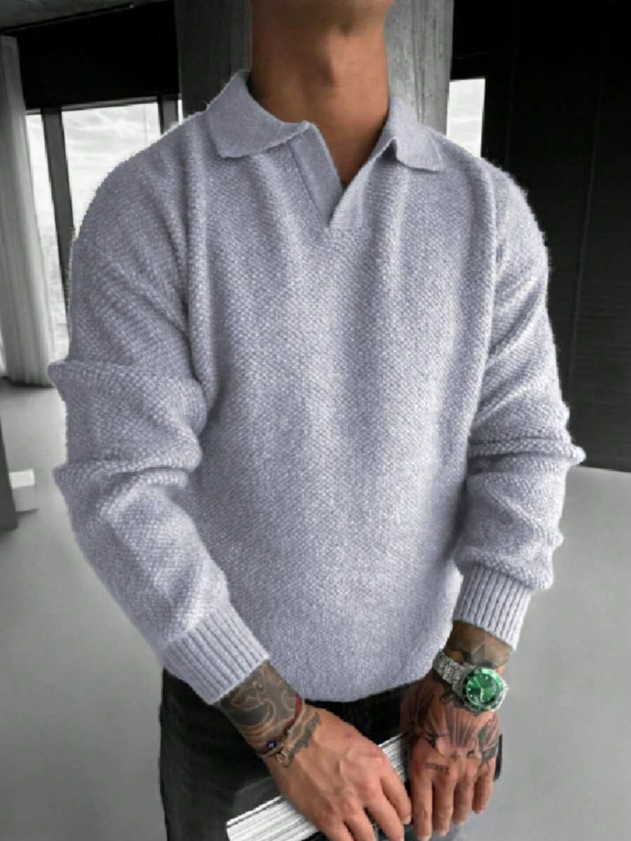 男士休闲宽松通勤简约纯色百搭Polo领V领修身轻薄长袖套头毛衣，秋冬款 - 灰色 - 查看 1