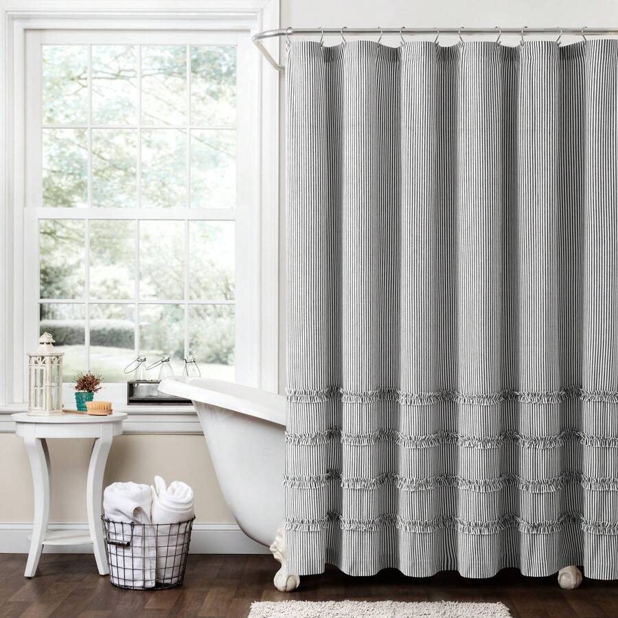 LUSH DECOR Vintage Stripe Yarn Dyed Cotton Blend Shower Curtain Black Single 72x72 Halloween-Fall Decor-Room Decor - 黑色 - 查看 1