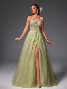 VIPGIRL Mint Green Sequin Sheer Asymmetric Formal Evening Gown, High Slit Design, Shiny Formal Maxi A-Line Prom Dress, Suitable For Women, Formal Occasions, Bridesmaids, Pageants, Wedding Guests - Lime Green - View 2