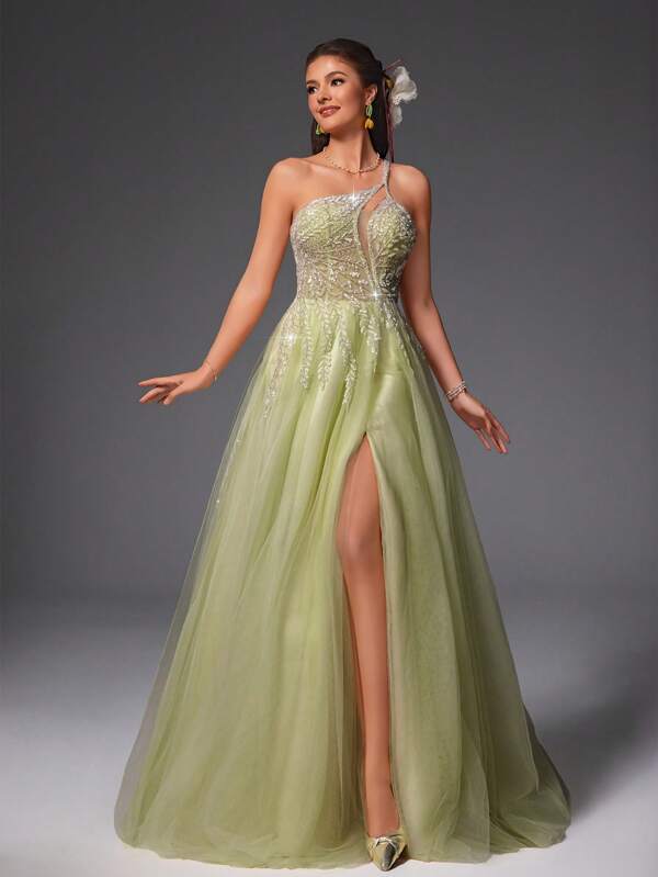VIPGIRL One Shoulder Light Green Sequin Tulle Prom Dress With Slit, Sparkly Asymmetrical Formal Evening Gown, Long A-Line Party Ball Gown For Women, Gala, Bridesmaid, Pageant, Wedding Guest