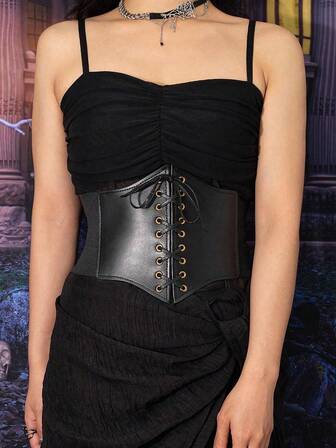 1 件女士黑色束腰松紧带腰带，简约设计适合日常穿着万圣节服装