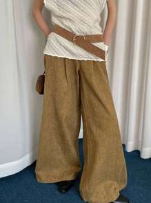 1pc Women's Coffee Brown PU Leather Casual Minimalist Gold Square Buckle Design Wide Waist Belt Fall, Autumn, Halloween