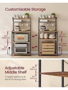 Kitchen Bakers Rack With Power Outlet, 4-Tier Coffee Bar With Adjustable Shelf, Microwave Stand, Paper Towel Holder, 40 X 60 X 140 Cm, Rustic Brown And Ink Black - 英規插(220-240V) - 查看 4