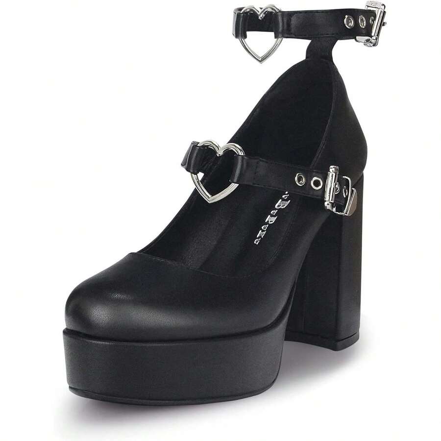 Women's Thick Heels Platform Heart Buckle Strap Mary Janes High Heel Round Toe Goth Shoes Black Select Size - Multicolor 003 - View 1