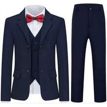 5-Piece Boys Formal Suit Set Slim Fit Blazer Jacket  Vest Waistcoat  Dress Pants  Shirt Bow Tie  Ring Bearer & Wedding Party Outfit  Kids Ages 2-14 Years School Opening Ceremony Season To Wear - 藏青色 - 查看 3