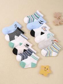 12 Pairs Of Baby Boys' Stretch Casual Mid-Calf Socks, Suitable For Baby Boys Aged 0-3. They Feature Dinosaur And Stripe Patterns, And Are Comfortable And Sweat-Absorbent.Baby Socks , Newborn Socks ,Toddler Socks - Multicolor - View 3