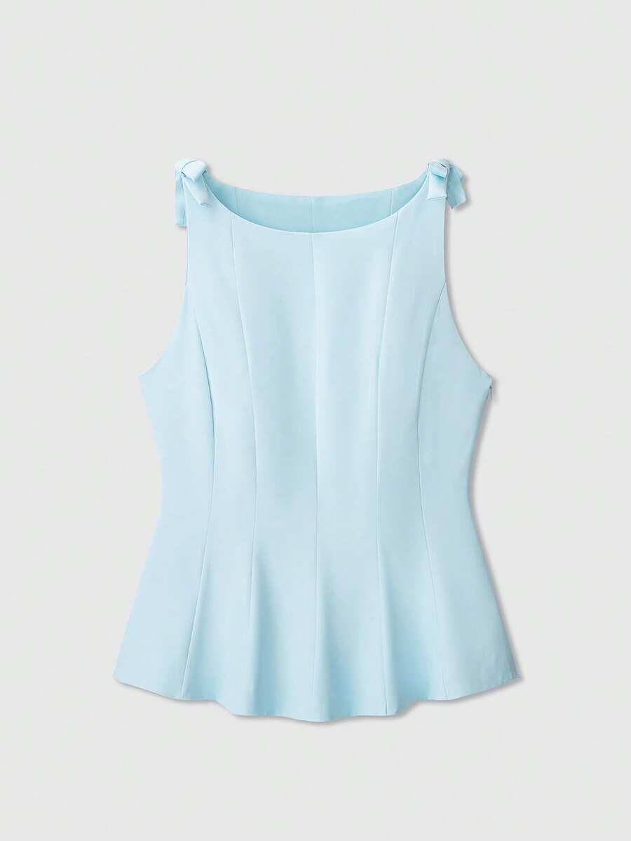 女式纯色无袖上衣，带蝴蝶结装饰裙摆 - 藍色 - 查看 1