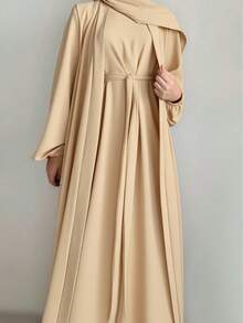 Set de 2 piezas de bata y vestido de manga larga de unicolor con estilo kimono para mujer, estilo árabe (sin pañuelo para la cabeza) - Albaricoque - Ver 5
