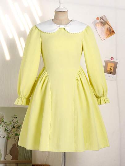 Robe à manches longues et col Claudine pour fille, style universitaire, jaune, décontractée et à la mode, collection automne/printemps