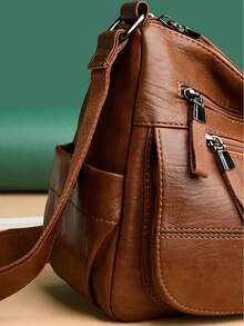 时尚软皮斜挎包女士2025休闲女式多口袋邮差包复古手提包女士单肩包 - 棕色 - 查看 8