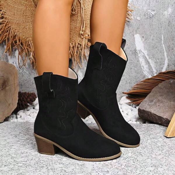 Damen Neue Westernstiefel, Retro Mode Sexy Elegant Vielseitig Niedriger Absatz Bequeme Schwarze Kniehohe Stiefel, Geeignet für Frühling, Sommer, Herbst und Winter