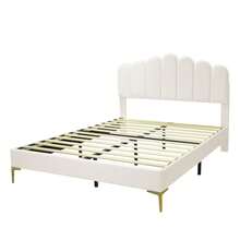 Caluself Cama doble 140 x 200 cm, cama tapizada Bubble Bed con cabecero ajustable, estructura de cama, plataforma con espacio de almacenamiento debajo de la cama, cama juvenil, somier de láminas, terciopelo - Beis - Ver 9