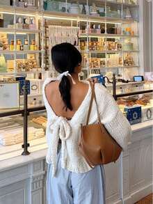 FOR BEAUTY 女士春夏新款针织开衫，休闲简约优雅风格，白色纯色简约系带开衫 - 白色 - 查看 3