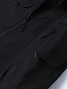 男士时尚多口袋保暖防风夹克 - 涤纶面料，拉链口袋方便实用，袖口可调节，适合秋冬季远足、钓鱼、户外活动 - 黑色 - 查看 7