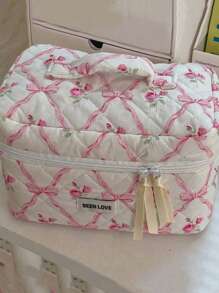 3pcs/Set Pink Bow Knot & Rose Design Quilting Cosmetic Bag, Fashionable Portable Makeup Bag, Multi-Functional Storage Bag For Lipstick, Sanitary Napkin, Coins, Keys Etc, Large Capacity Lovely Wash Bag For Travel Organizer Cosmetic Bag For Travel, Mother's Day Gift Back To School Autumn University Essentials Travel Essentials Holiday Vacation Travel Bag For Women Makeup Organizer