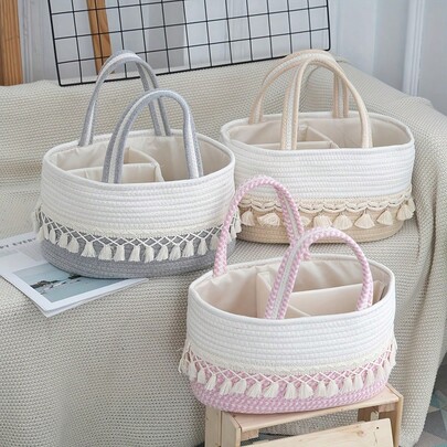 1 peça organizador de fraldas para bebês com borla, cesto boêmio para guardar fraldas com divisórias trocáveis - cesto boho portátil para recém-nascidos para mães