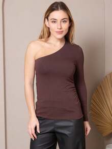 Kit 3 Blusas Feminina Um Ombro Só Mula Manca Manga Longa  Simples    Viscose    Assimétrico    Noite  Feriado  Festa de aniversário - Marrom - Visão 3