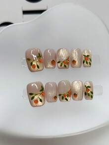 10 pezzi di unghie finte realizzate a mano, con fiori dipinti a mano, cristalli color naturale, occhi di gatto, trasparenti come ghiaccio e bianchi, adatti per uso quotidiano, feste e cene, accessori per unghie - Multicolore - Visualizzare 14