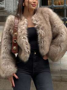 Women's Round Neck Loose Short Faux Fur Fashion Casual Jacket - Khaki - View 5