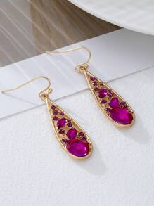 1 对奢华复古迷人紫红色水钻泪珠吊坠耳环，适合女士 - 玫紅色 - 查看 4