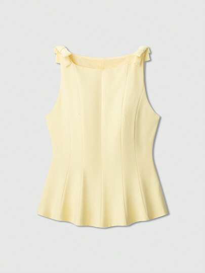 蝴蝶结装饰无袖上衣，带裙摆，优雅奶油黄色，夏季