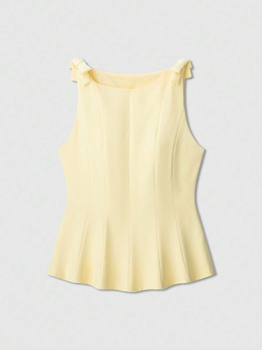 Áo không tay trang trí nơ có viền váy, màu vàng bơ thanh lịch, mùa hè - Màu vàng - Xem 1