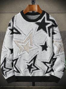 1 件适合青少年男孩休息的时尚百搭星星图案套头衫，适合秋冬季、学院风格和运动。