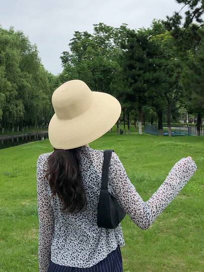 1pc Women's Beige Wide Brim Sun Hat, Retro Bohemian Style Straw Hat, Foldable & Packable, Suitable For Beach, Travel, Wedding, Music Festival, Valentine's Day Gift