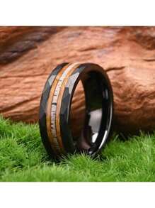 时尚欧美风格男士不锈钢戒指，激光雕刻木镶嵌，复古自然设计