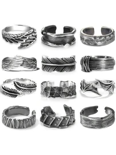12PCS/ Vintage Rings Men Cool Adjustable Angel Wings Ring Gothic Punk Open Ring Set, Metal, No Gemstones Fashionable Men's Jewelry Gift Rings For Men Rings Jewelry For Men