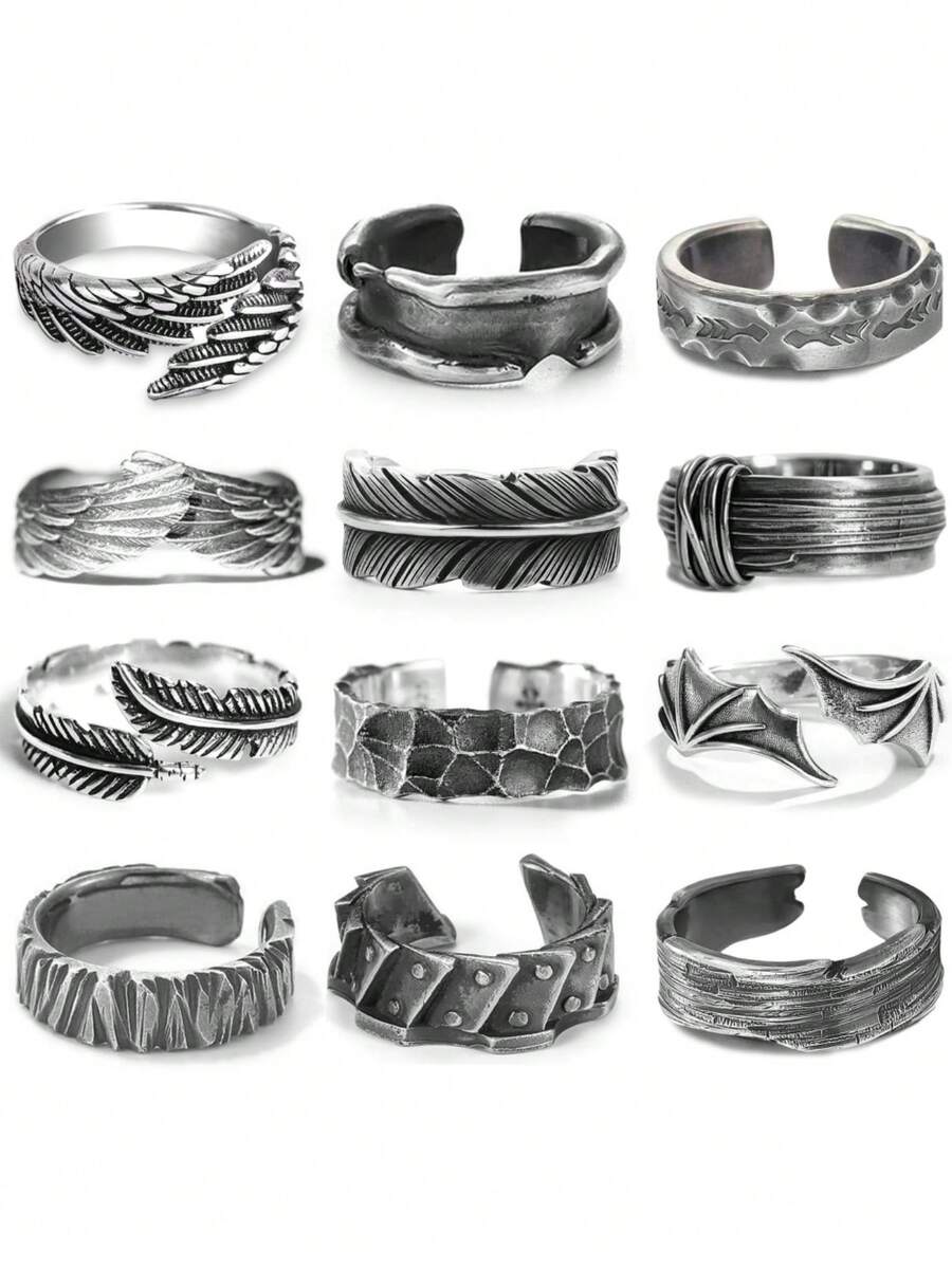 12PCS/ Vintage Rings Men Cool Adjustable Angel Wings Ring Gothic Punk Open Ring Set, Metal, No Gemstones Fashionable Men's Jewelry Gift Rings For Men Rings Jewelry For Men - Multicolor - View 1