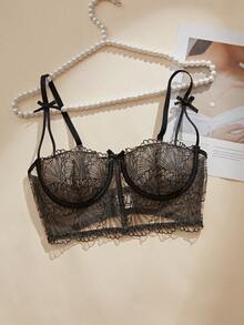 Sexy Lingerie Summer Cool And Breathable Women's Romantic Black Knitted Embroidered Petals With Bow Double Layer Inner Cloth Can Be Wearing Externally Single Piece Set Sexy Bra, Nightclub Daily Outing, Party Dinner Dressing Artifact