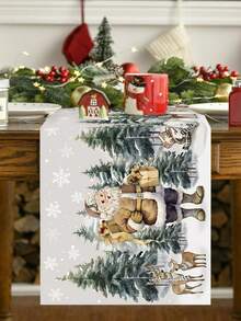 1pc 35*180cm/13.78*70.87inch Christmas Table Runner, Polyester Santa Claus & Snowy Landscape Style Decorative Table Runner, Winter Holiday Decor Fabric Suitable For Farmhouse, Christmas Dinner, Dining Table, Kitchen Festival Decoration - Christmas - View 4