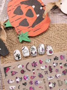 2 件可爱卡通万圣节美甲浮雕贴纸 - 鬼魂、南瓜、蜘蛛、小鬼和花朵图案，女士自粘美甲贴花，5D 浮雕饰面，可爱、有趣和卡通主题，易于粘贴指甲装饰、DIY、节日礼物、派对风格 - 彩色 - 查看 4
