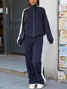 2 pièces Ensemble de sweat-shirt à capuche zippé de couleur unie, convient pour les sports, la plage, le bureau, la maison, la rue, l'automne/l'hiver, la remise des diplômes, la rentrée scolaire, les femmes enseignantes, la saison de la rentrée scolaire, sweat-shirt à capuche zippé pour femmes, sweat-shirt à capuche zippé, vêtements d'automne pour femmes, vêtements d'hiver pour femmes - bleu indigo - Voir 2