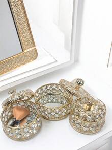 Hipiwe 水晶镜面首饰盒，首饰收纳盒，家居装饰，戒指耳环项链收纳盒，纪念品盒，零件收纳盒，首饰盒，女士收纳盒，旅行必备，返校宿舍收纳，秋季装饰 - 金色 - 查看 2