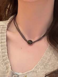 1/4 Stücke Vintage Leder Braun Edelstein Anhänger Halskette, mehrschichtige Choker Halskette, elegante Schlüsselbein Kette für Frauen, Herbst/Winter