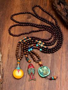 Dây chuyền mặt hình cá kiểu Nepal cổ điển, dây chuyền dài làm thủ công bằng hạt gỗ, phụ kiện văn hóa độc đáo, chế tác tinh xảo, hạt nhiều màu sắc. - Nhiều màu - Xem 3