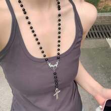 1pc Ascension Day Black Beaded Cross Star Hollow Necklace, Multicolor Resin Metal Material Gothic Style Beaded Chain, Lightweight Fashionable Accessory Suitable For Women, Men, Party, Daily Wear, School, Travel