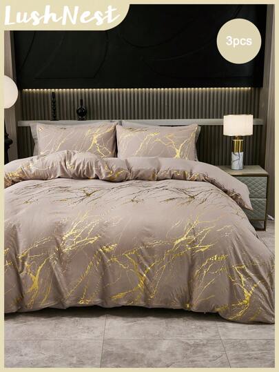 Enfärgad metallisk marmor påslakanset Folietryck Glitter Sängkläder Set Taupe Marmor Sängkläder Set 3 delar Guld Metallic Täckeöverdrag Mjukt mikrofiber påslakan för pojkar Flickor 1 påslakan 2 örngott utan täcke