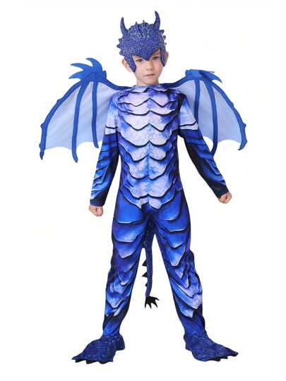 4-Piece Frost Dragon Upgrade Costume Set: Scaly Jumpsuit, Wings (Double-Sided Print), Dragon Tail, And Headpiece - Ideal For Halloween Parties, Ice & Snow Themed Performances, Creative Play, School Drama, Holiday Wear, Birthday Parties, Magical Frozen Adventures