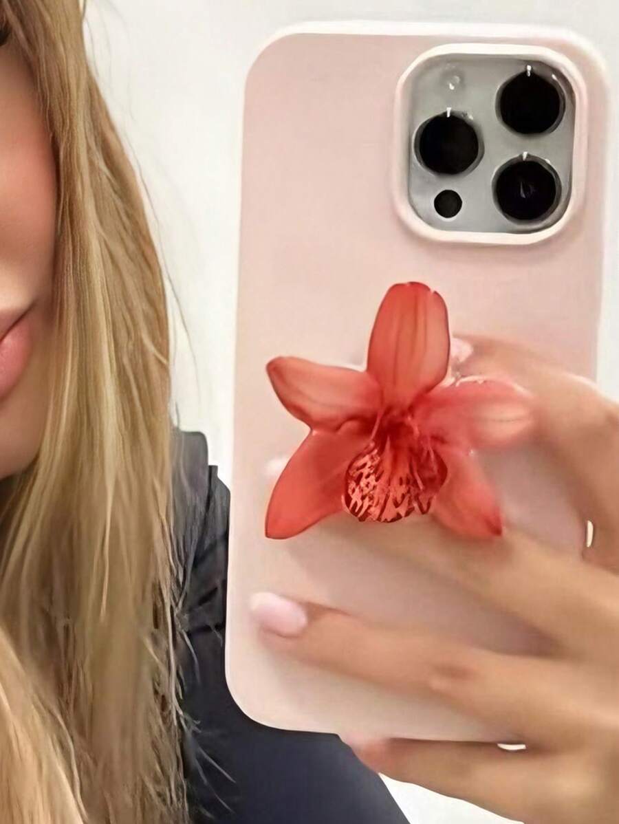 1pc INS Pink Flower Orchid Lily Acrylic Resin Phone Holder, Foldable Portable Air Cushion Phone Stand Compatible With IPhone, Android Phone, Gift For Birthday, Family, Friends Push-Pull Phone Grip Phone Accessories - Multicolor - View 1