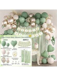 鼠尾草绿色气球花环拱门套件，配有沙白色金属金色乳胶气球和生日快乐欢迎宝宝横幅，1*2 米流苏窗帘，适用于 13 16 18 21 30 40 岁生日迎婴派对装饰 - 混色(如圖) - 查看 12