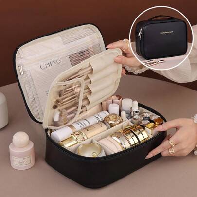 Large Triple Compartment Travel Cosmetic Bag, Makeup Case, Travel Accessories, Brushes, Conditioner And Skin Care Product Organizer