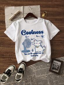 女式夏季可爱小狗图案印花圆领休闲短袖 T 恤 - 白色 - 查看 1