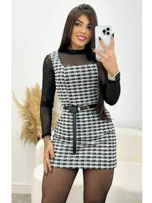 Midi Dress Plaid Houndstooth Color Block Cut And Sew Tweed Knit Zipper Dress Office Evening Holiday Birthday Party Evening Work Formal & Evening Dressy & Casual Airport Wear - Đen và trắng - Xem 1