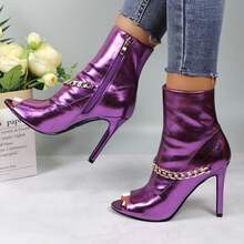 Women's Peep Toe Ankle Boots, Gold Chain Detail, High Heel: Stylish Design, Non-Slip Rubber Sole, Latex Insole For Comfort, Perfect For Shopping, Parties, And Casual Outings  Fashionable    Polyester - METALLIC PURPLE - 查看 5
