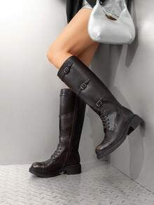 Women's Motorcycle Boots Side Zipper Knee High Boots Square Toe Chunky Low Heel Buckle Decorated Straps Fashion Retro Riding Boots - 巧克力棕 - 查看 10