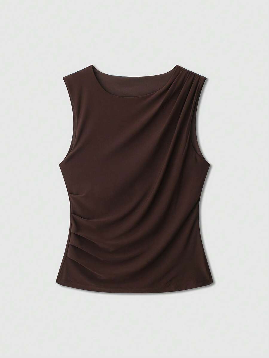 女士纯色圆领休闲垂褶背心（夏季款） - 棕色 - 查看 1